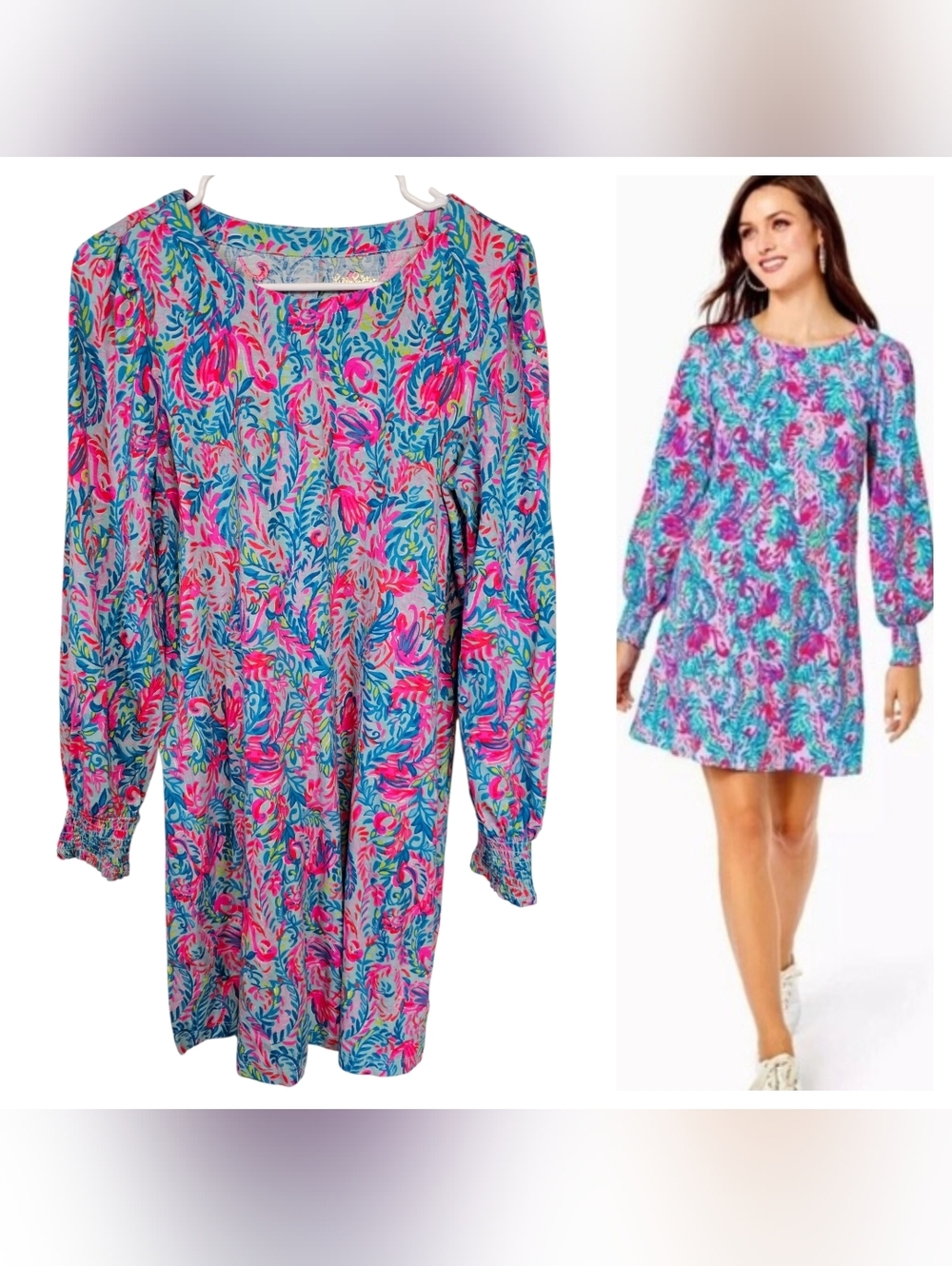 Lilly Pulitzer Diann Long Sleeve Surf Blue Flim Flam Print Flamingo Shift Dress